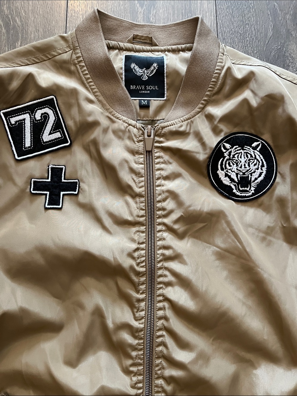 Brave Soul Unisex Khaki Bomber Jacket with Patch Details